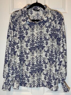 Chico's White and Navy Paisley Button-Down Blouse